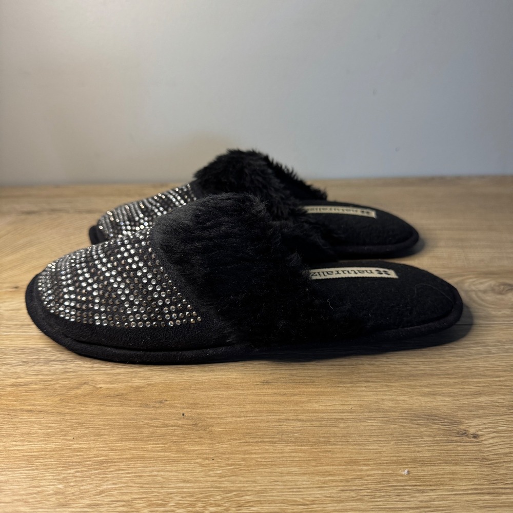Naturalizer Slippers Black Rhinestone Faux Fur Lined Womens Size‎ M (7-8)